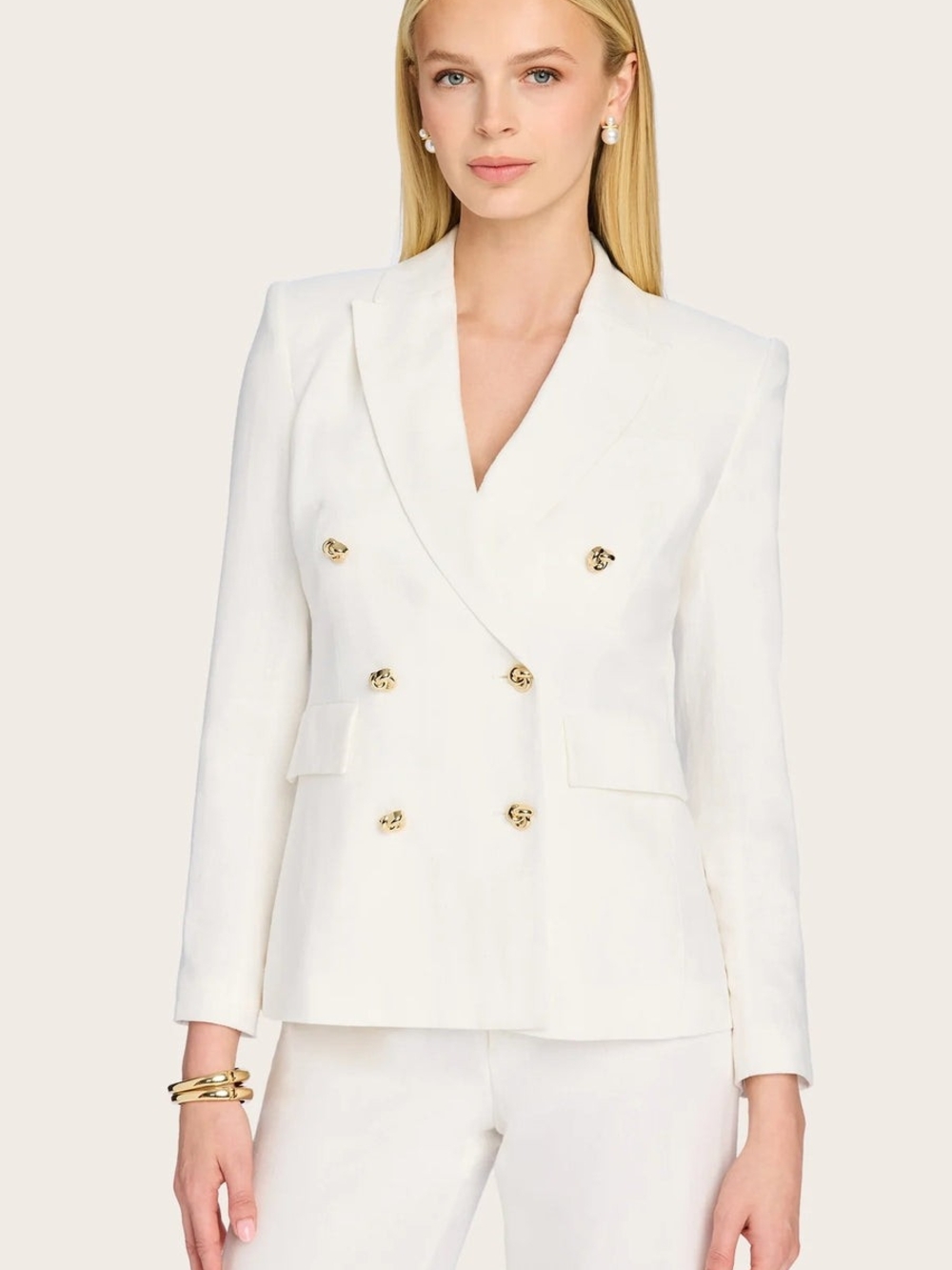 Generation Love Arielle Linen Double-Breasted White Blazer with Gold Buttons
